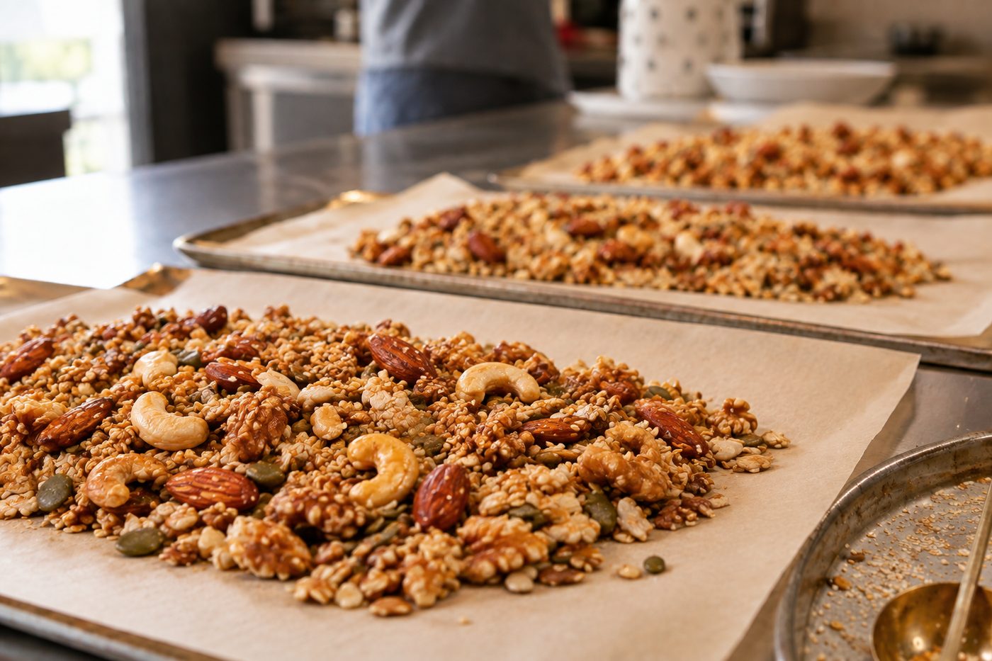 Bandejas con granola extendida sobre papel en una cocina
